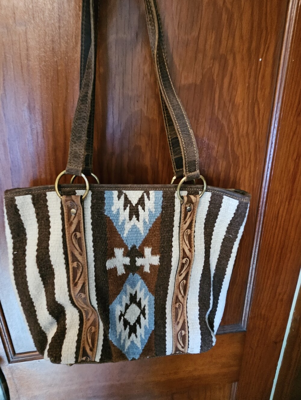 Ariat Woven Aztec-Pattern Tote Bag in Brown, Blue & White